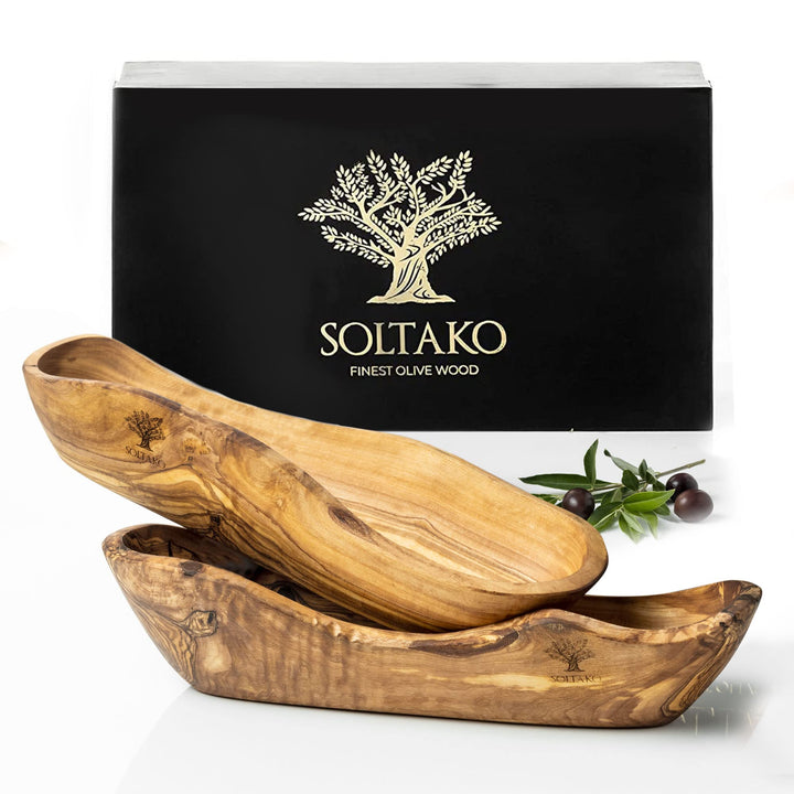 SOLTAKO Olivenholz Schale länglich [2er Set] Le Boulanger M (25-29 cm) rustikale Schälchen aus Olive