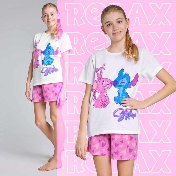 Disney Stitch Schlafanzug Mädchen Kurz, Pyjama T-Shirt & Shorts - Stitch Sachen, 6-7 Jahre Rosa/Blau
