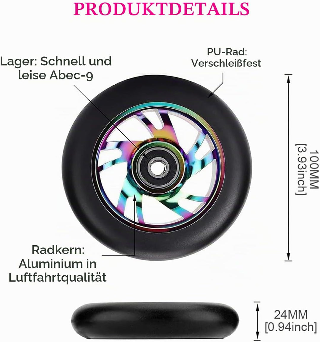 2 Stück Pro Stunt Scooter Rollen 100mm, Stunt Scooter Räder with ABEC-9 Bearings, Thickened PVC Repl