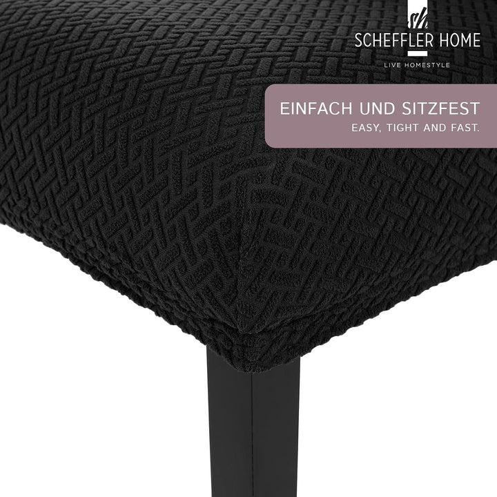 SCHEFFLER-Home Stuhlhussen Stretch Luna/Stuhlhussen Schwarz 6er Set/elastische Flanell Stuhlabdeckun