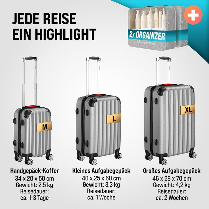 MONZANA® 3tlg. Kofferset Schloss Organizer Kofferwaage Gurt Gel-Griffe Zwillingsrollen Standfüsse Tr