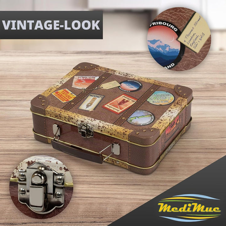Reisekoffer Vintage - Retro Aufbewahrungsdose, Keksdose, Blechdose mit bunten Aufklebern von verschi