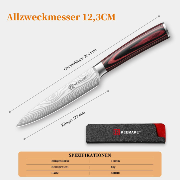 KEEMAKE Küchenmesser Klein Allzweckmesser, 13cm Scharf Gemüsemesser Kochmesser aus Edelstahl mit Kli