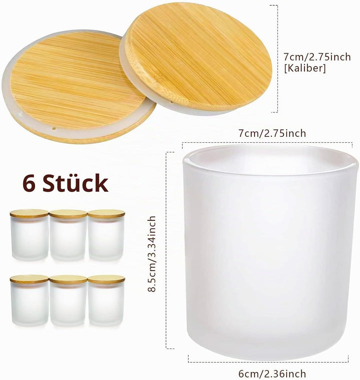6er-Pack Kerzengläser mit Bambusdeckel (200ml) - 3mm Dickwandiges &amp; Hitzebeständiges Glas - Elegante