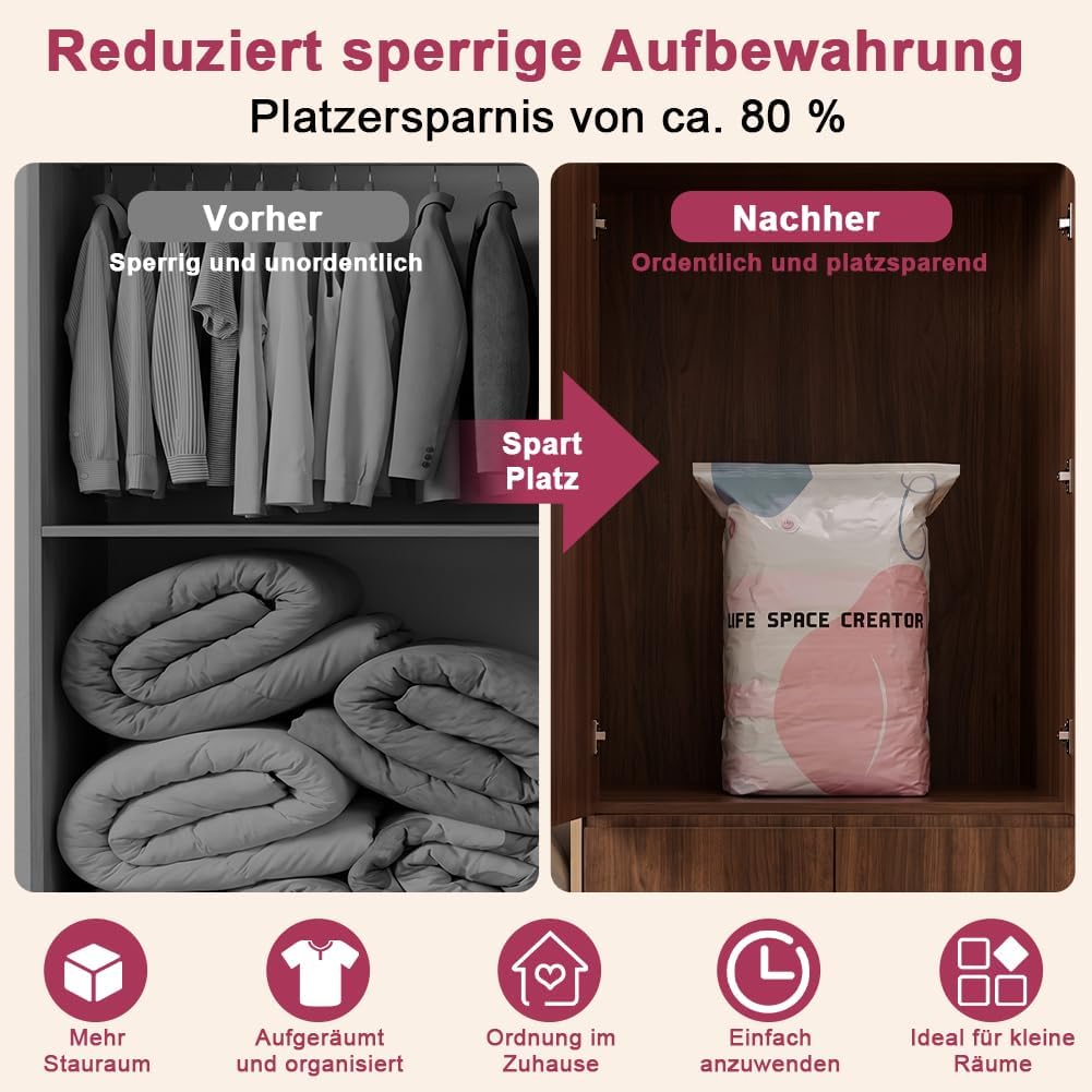 6er-Pack Vakuumbeutel ohne Pumpe, 3x 50x70x30cm + 3x 80x100x38cm, Vakuum Aufbewahrungsbeutel, platzs