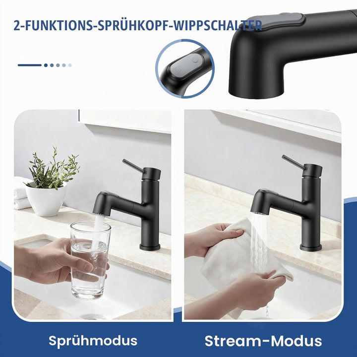 HURRAN Ausziehbare Wasserhahn Bad, Einhebelmischer für Waschbecken, Niedrig Waschtischarmatur mit 2