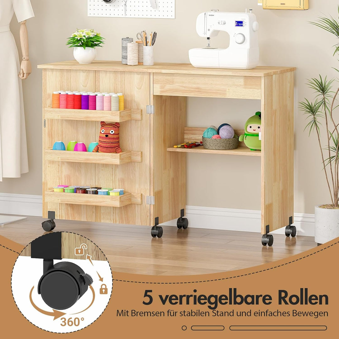 Nähtisch Klappbar, 2-in-1 Nähmaschinentisch, Nähmaschinenschrank mit Offenen Ablagefächern und Rolle