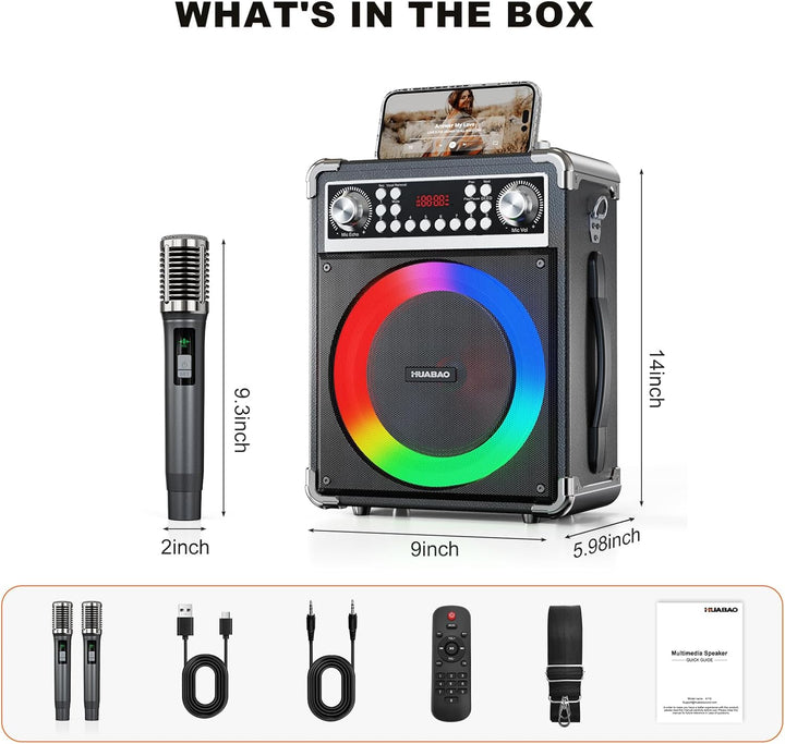 Karaoke-Maschine mit 2 kabellosen Mikrofonen, tragbarer Bluetooth-Lautsprecher für Erwachsene und Ki