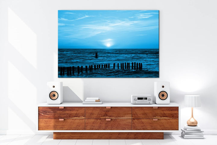 Sonnenuntergang an der Ostsee Format 80x60 Effekt: Monocrome Blau als Leinwandbild, Motiv fertig ger