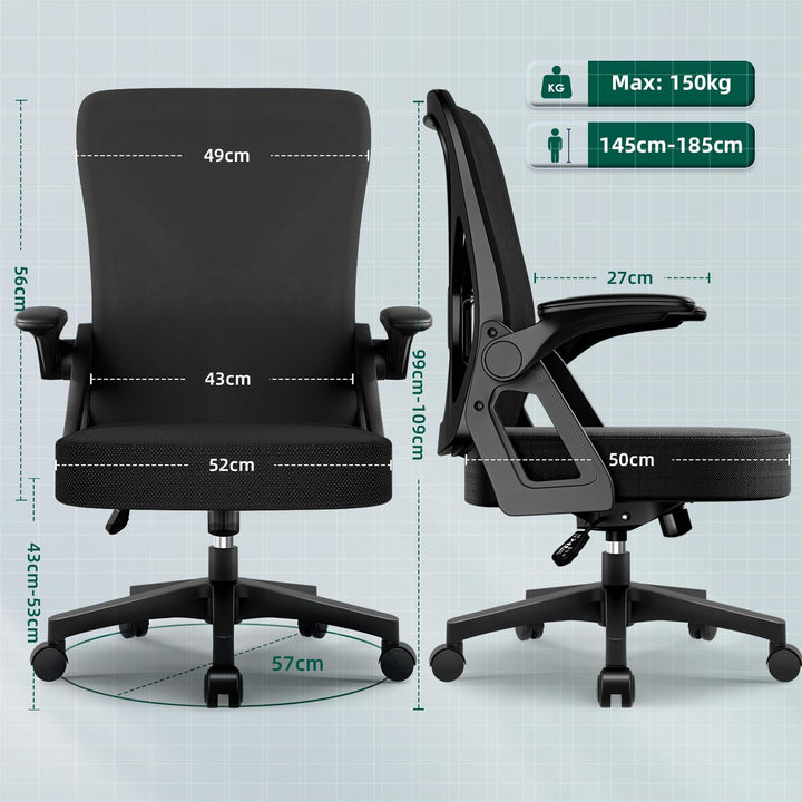 Bürostuhl Ergonomisch,Schreibtischstuhl mit Hochklappbaren Armlehnen, Einstellbarer Lendenstütze, Wi