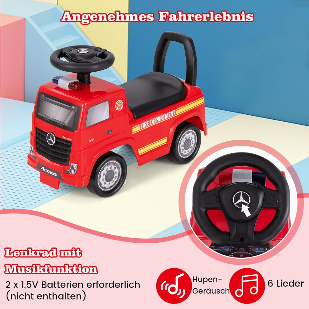 GOPLUS Kinder Rutschauto, Mercedes Benz Feuerwehrau mit Musik, Hupe & Straum unter dem Sitzen, Feuer