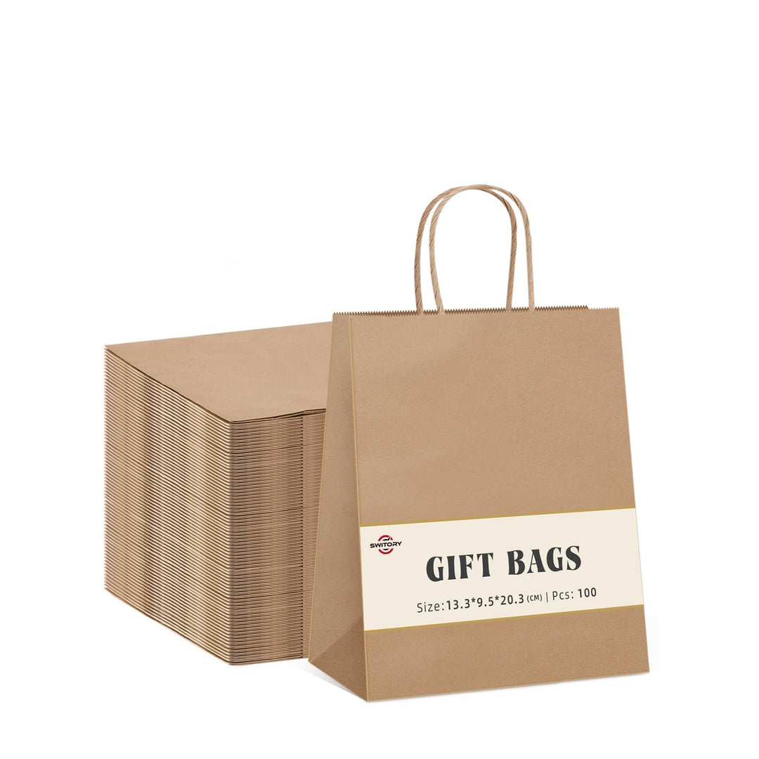 Switory 100 Stück Papiertüten Geschenktüten Braun Kraftpapiertüte mit Henkel zum Geschenke, Party, G