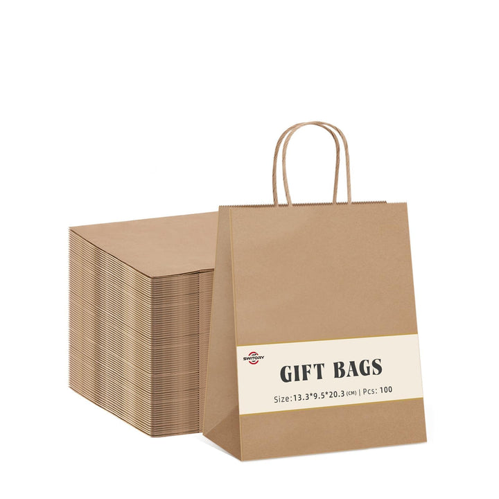 Switory 100 Stück Papiertüten Geschenktüten Braun Kraftpapiertüte mit Henkel zum Geschenke, Party, G