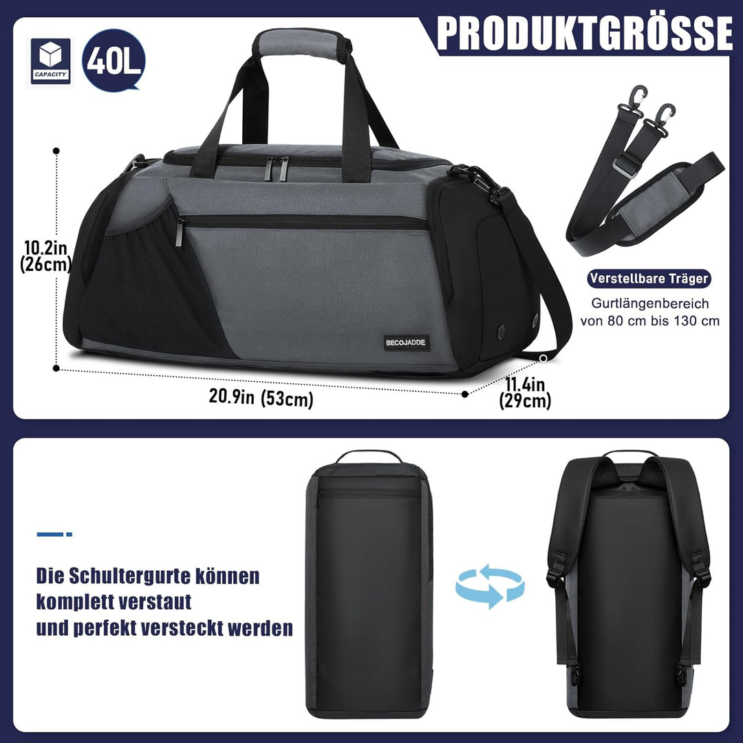 BECOJADDE Sporttasche Herren 40L Gross Sporttaschen Reiserucksack Mehrere Taschen Rucksack mit Schuh