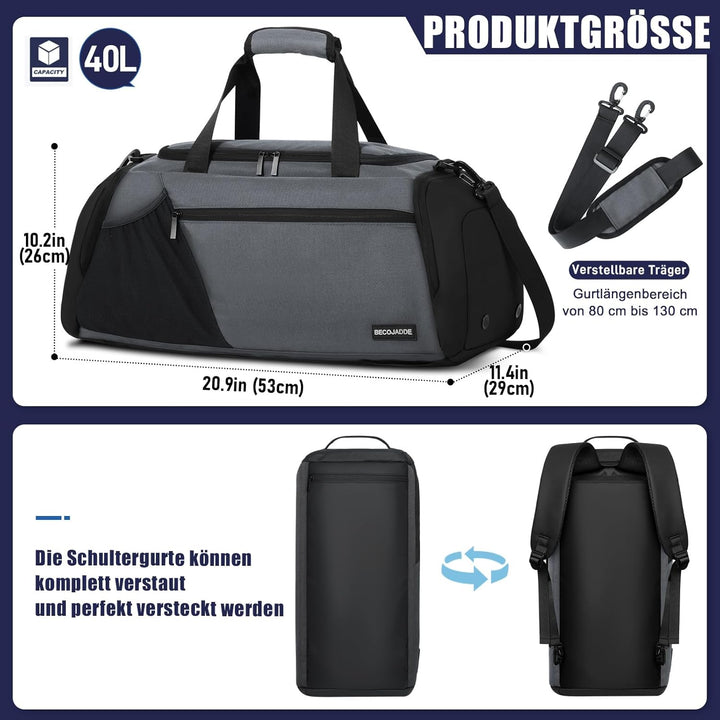 BECOJADDE Sporttasche Herren 40L Gross Sporttaschen Reiserucksack Mehrere Taschen Rucksack mit Schuh