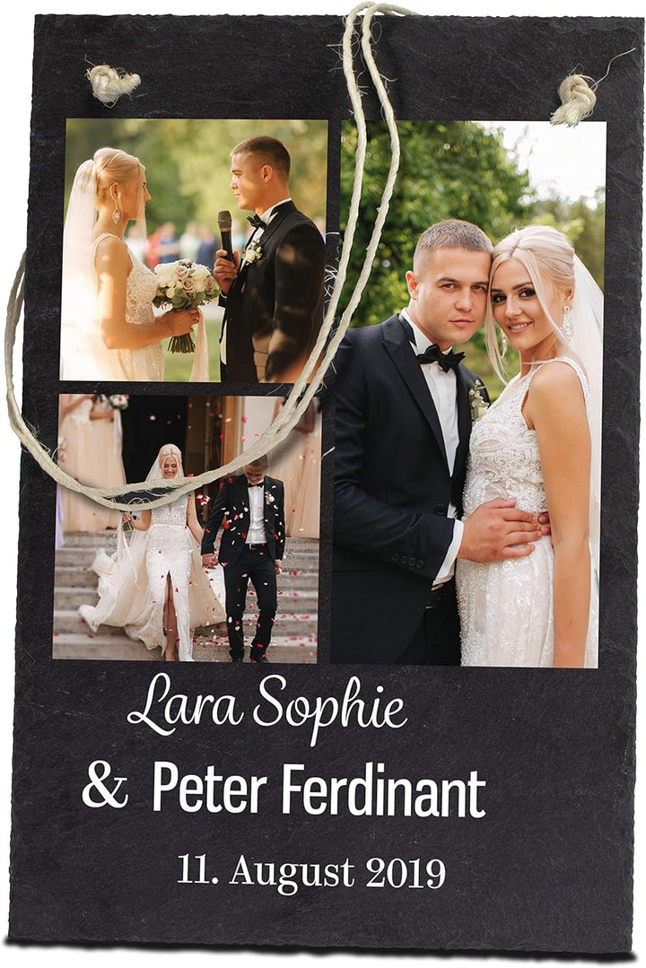 wandmotiv24 Schiefertafel Hochzeit, Aufhängeschild mit Strick, Personalisierbar Digitaldruck 3 Farbf