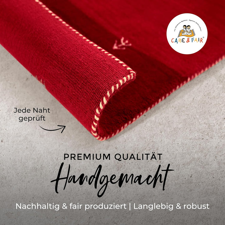carpetfine Wollteppich Gabbeh Uni Rot 60x90 cm | Moderner Teppich für Wohn- und Schlafzimmer Rot 60