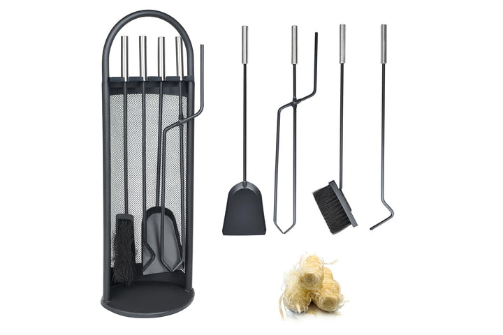 Kaminbesteck Kaminzubehör Set Kaminwerkzeug Ofenbesteck Schwarz 5-in-1-Set mit Besen, Schaufel, Eise