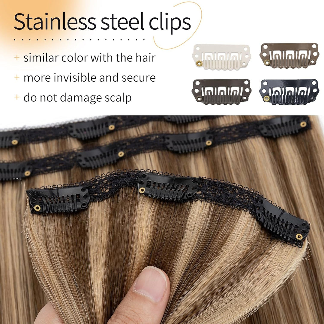 S-noilite Clip in Extensions Echthaar Schokoladenbraun/Dunkelblond 25cm 56g Extensions Clip in Echth
