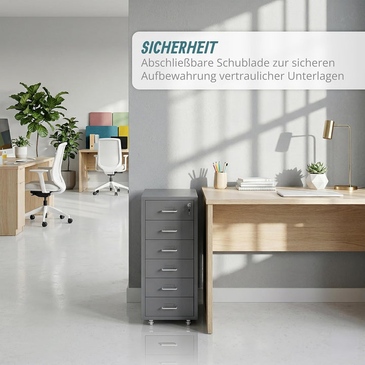 Relaxdays Rollcontainer, 6 Schubladen, HxBxT: 69 x 28 x 41 cm, abschliessbar, Aktenschrank auf Rolle