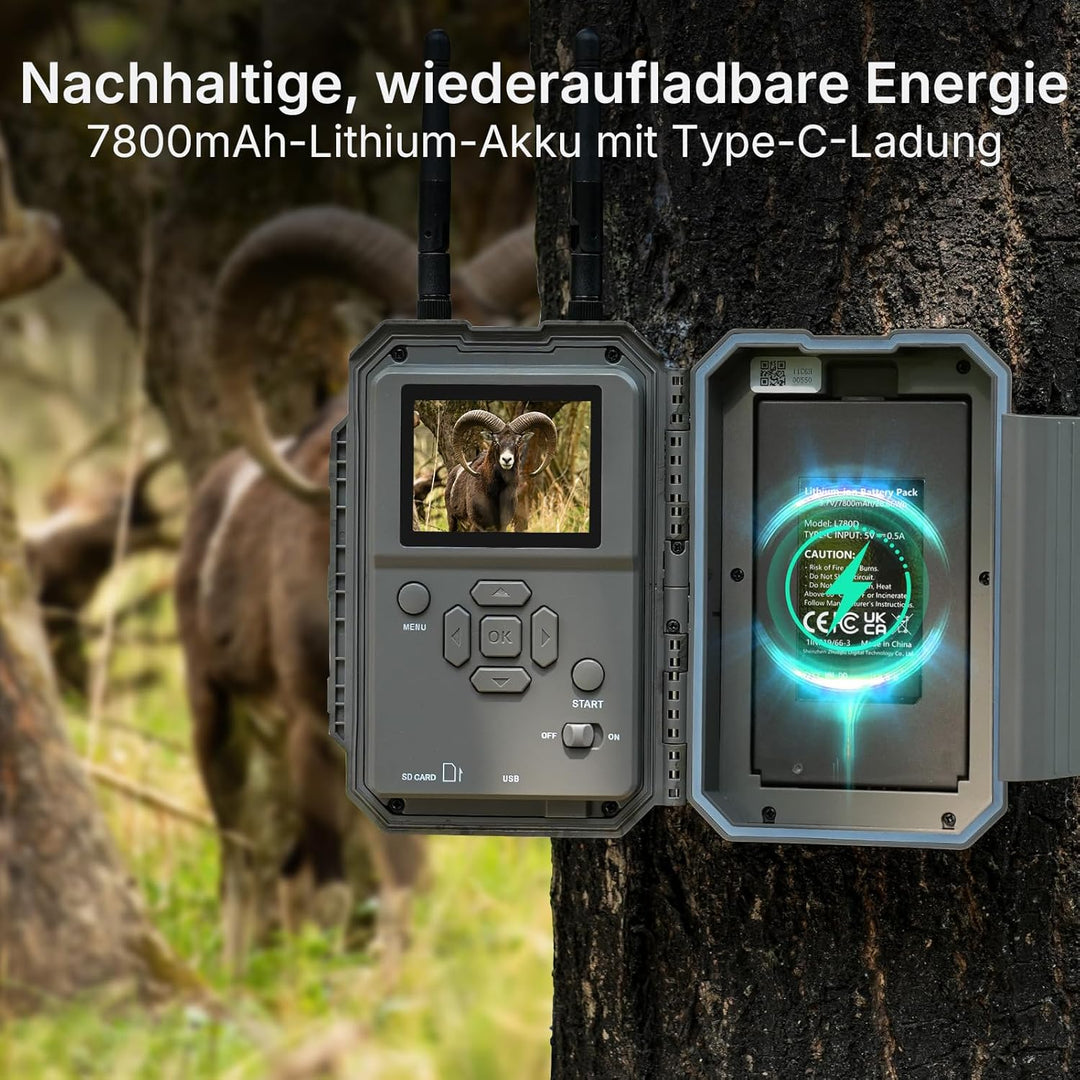 GardePro E6 2.0 Pro Wildkamera WLAN, Wiederaufladbare 8000mAh Akku mit 64GB SD Karte, 64MP 1296P, Wi