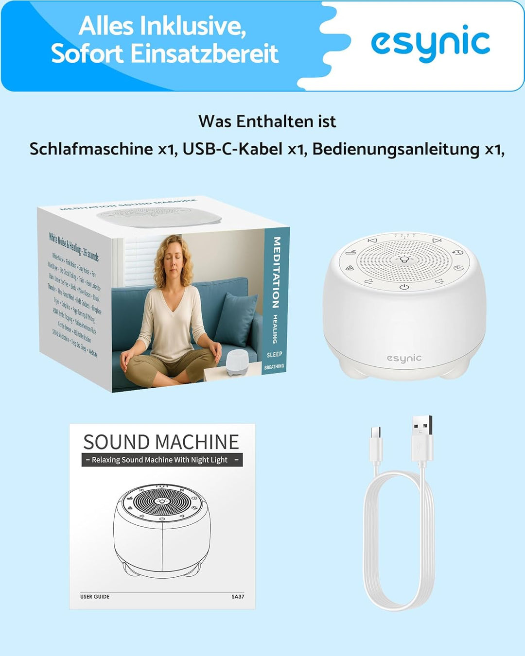 eSynic Weisses Rauschen Gerät Baby Einschlafhilfe Sound Machine mit 38 Beruhigenden Geräuschen Tibet