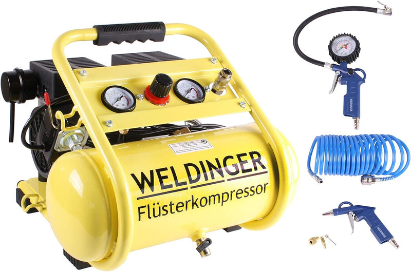 Aktionsset WELDINGER Flüsterkompressor FK 95 compact 750 W Luftabgabe 90 l ölfrei + Druckluftset 6-t