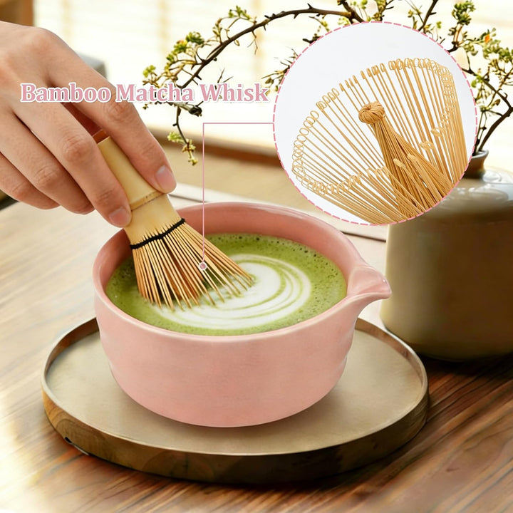5 Stück Matcha Set, Japanisches Matcha Tee Set mit Bambusbesen, Keramik Schale mit Ausgiesser, Edels