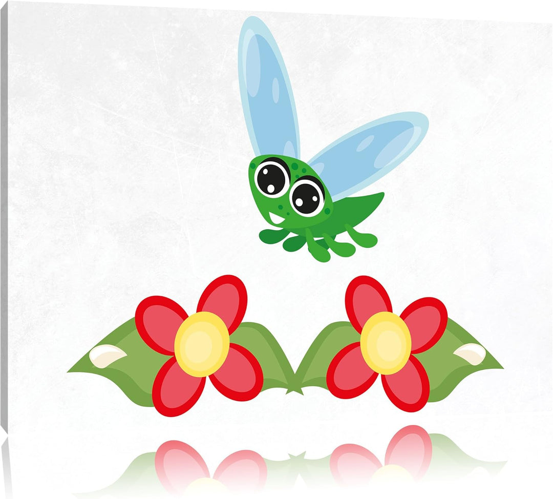 Pixxprint süsse Libelle mit Blumen weiss, Format: 100x70 auf Leinwand, 100x70