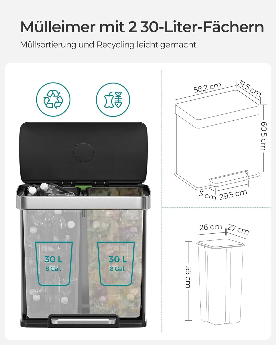 SONGMICS Mülleimer Küche, 2 x 30L, Mülltrennsystem, 2 Fächer, 15 Müllsäcke, Abfalleimer aus Edelstah