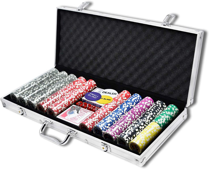 AufuN Pokerset mit 500 hochwertigen Chips Laser Pokerchips Poker inkl. 2X Pokerdecks, 5X Würfel, 1x