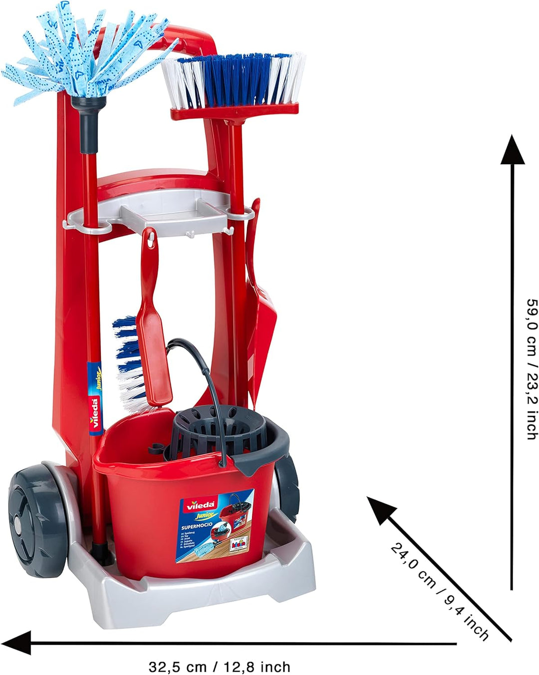 Theo Klein 6720 Vileda Besenwagen mit Upright Staubsauger I Inkl. Zubehör wie Wischmop, Eimer, Besen
