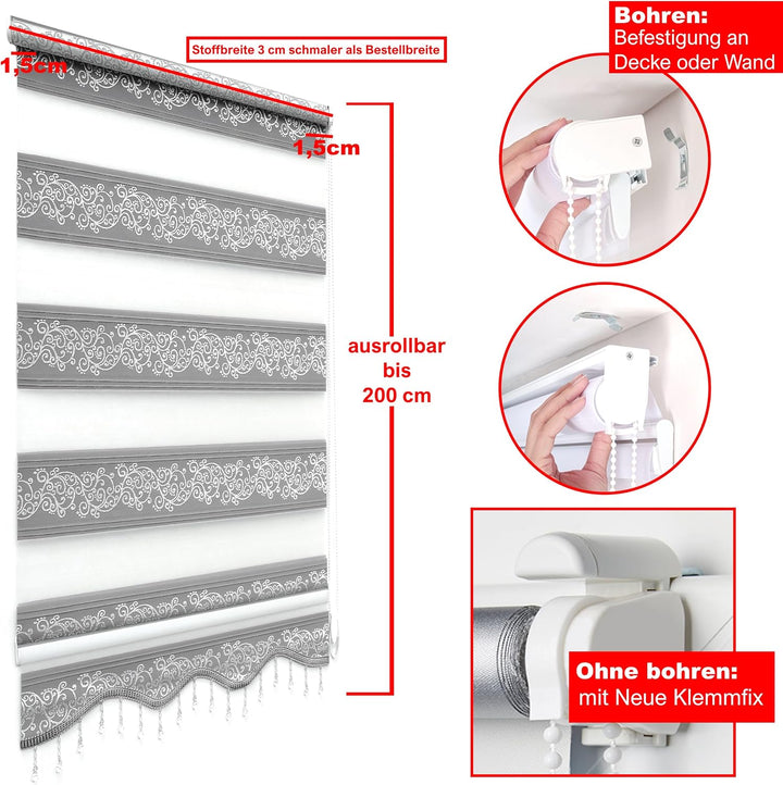 Brillant Doppelrollo Klemmfix ohne Bohren Grau Silber 200 x 110 cm (Länge x Breite) Duorollo Blickdi