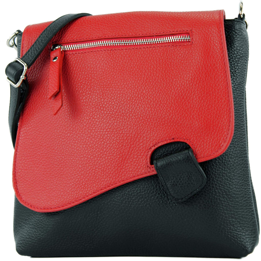 modamoda de - T146 - ital Messengertasche Umhängetasche aus Leder Schwarz/Rot, Schwarz/Rot