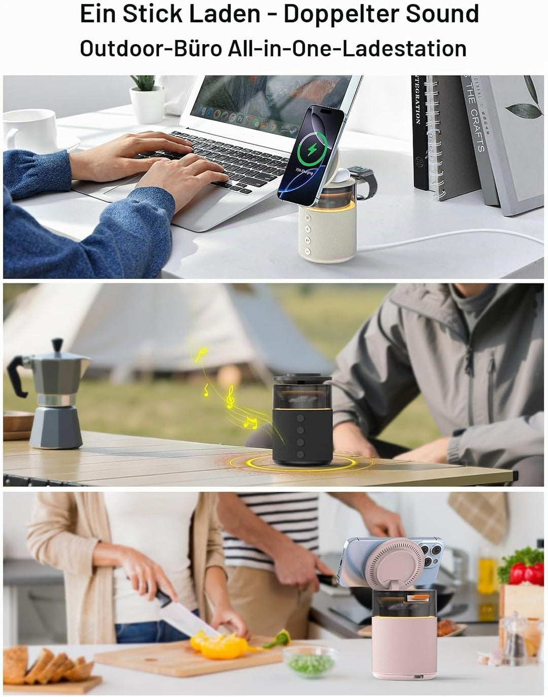 3-in-1 Bluetooth-Lautsprecher mit Nachtlicht und kabellosem Ladegerät, dimmbare Nachttischlampe mit