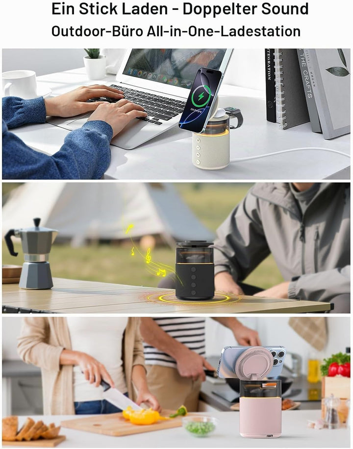 3-in-1 Bluetooth-Lautsprecher mit Nachtlicht und kabellosem Ladegerät, dimmbare Nachttischlampe mit