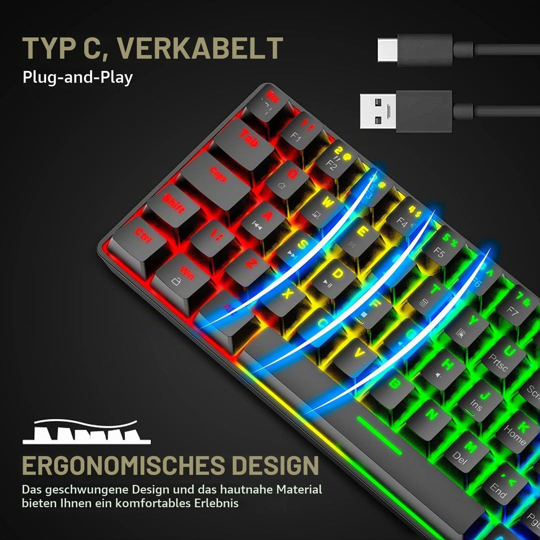 T60 Mini 60% Mechanische Tastatur-Maus-Sets, Kompakt 62 Tasten, Typ C Wired, 19 Hintergrundbeleuchtu