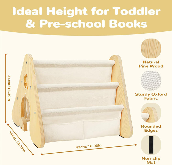 Bücherregal Kinder mit Doppelter Seite, Dreieckige Kinderregal 4-stöckig Montessori Regal für Kinder