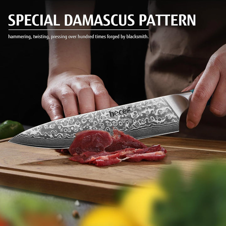 hecef Damastmesser, Kochmesser Profi Messer mit Ergonomischem Harzgriff, 67 Lagen Damast Küchenmesse