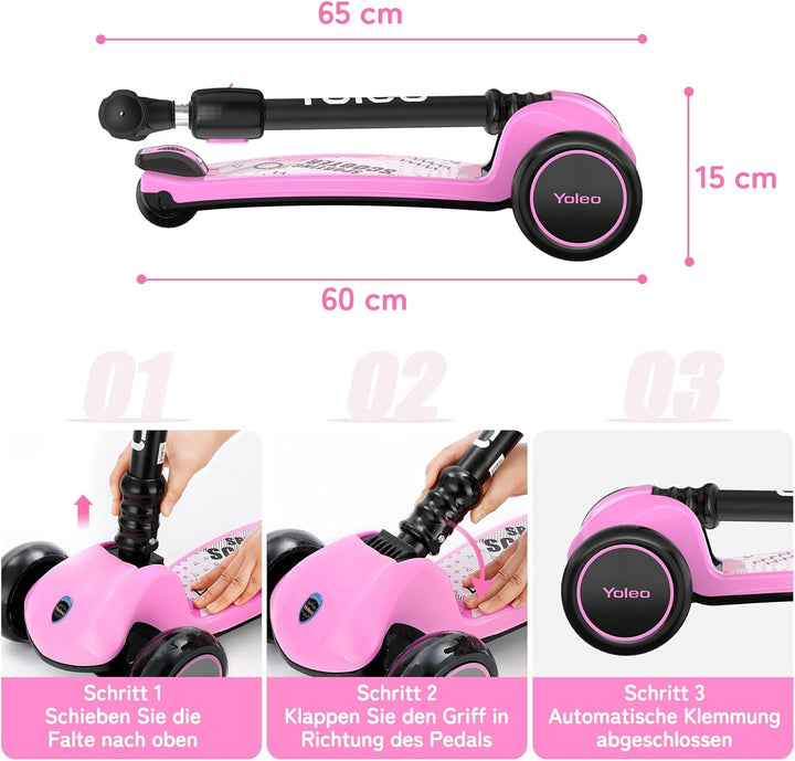 YOLEO Kinderoller Kinderscooter Dreiradscooter mit LED Räder, 2-Rädern Hinterbremsen,4 Höhenverstell