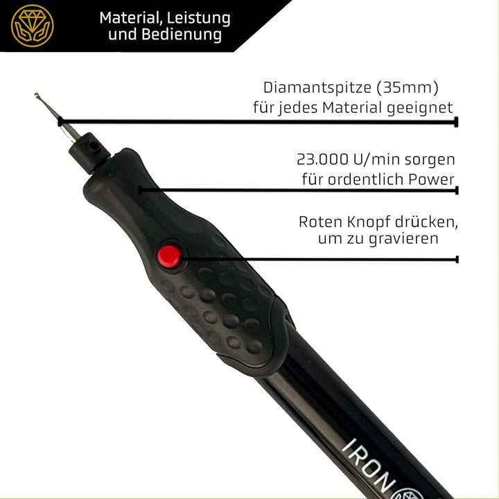 IRON HODL - Gravierstift mit Diamantspitze für Metall, Keramik, Glas gravieren - 2X AAA Batteriebetr