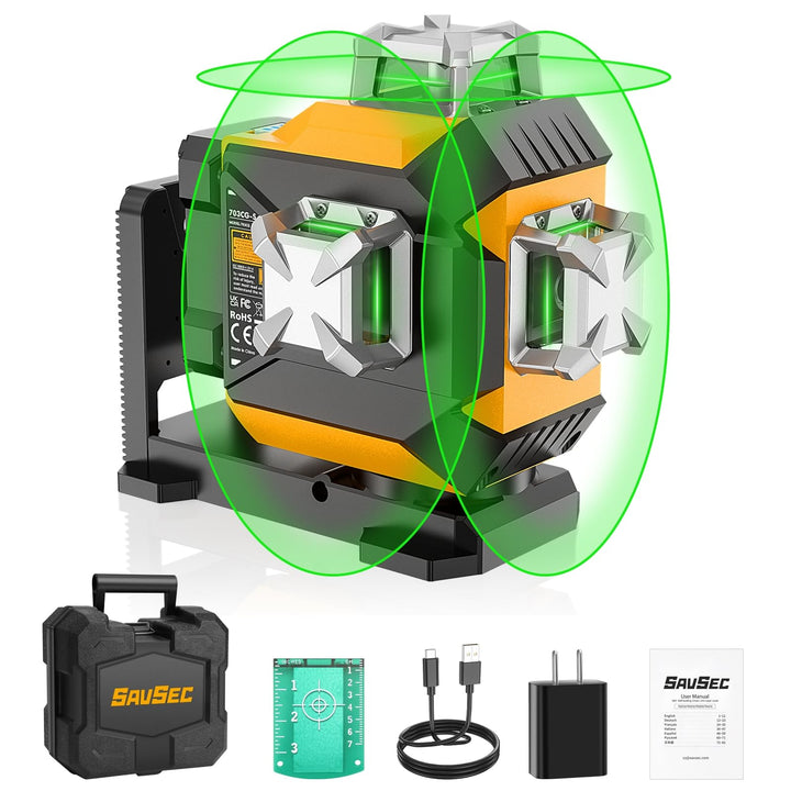 Kreuzlinienlaser, SAVSEC 3x360 Laser Wasserwaage mit Einstellbarer Helligkeit, Grün Selbstnivelliere