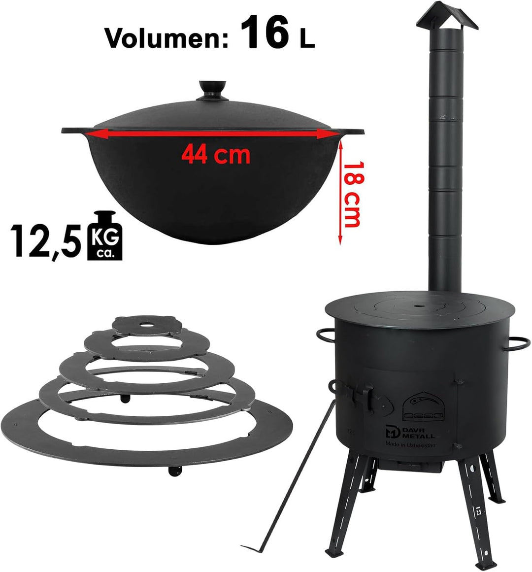 4BIG.fun Utschak Ø44 Uchag 2mm Stahl 16 L Kazan Wok Eintopfofen Utschag Учаг Campingofen Adapter-Rin