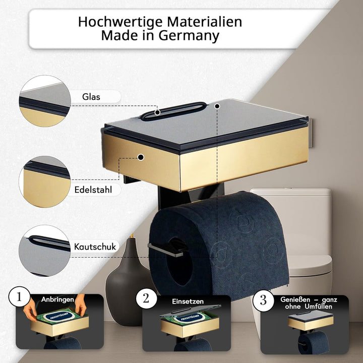 Toilettenpapierhalter mit Feuchttücherbox - Gehäuse Gold Optik & Abdeckung Glas Schwarz- befüllbar v