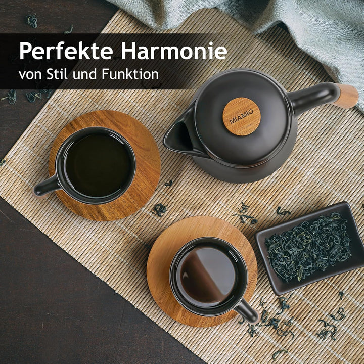 MIAMIO - 1 Liter Keramik-Teekanne-Set mit Siebeinsatz und Tassen/Teesieb, 4 Keramik-Teetassen (300 m