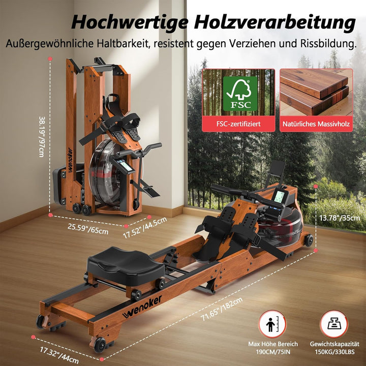 [2026 Testversion] Wenoker Wasser Rudergerät für zuhause Holz Klappbar, Komfortabler Sitz, Bluetooth