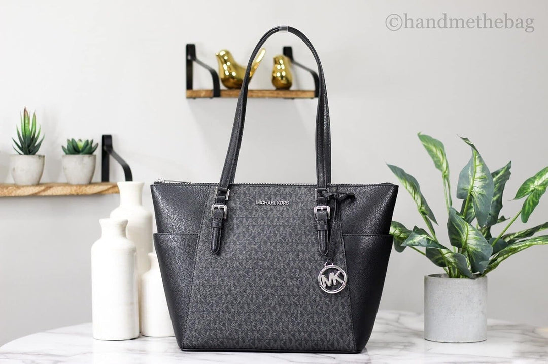 Michael Kors Charlotte Grosse Tragetasche mit Reissverschluss oben Black Sig, Black Sig