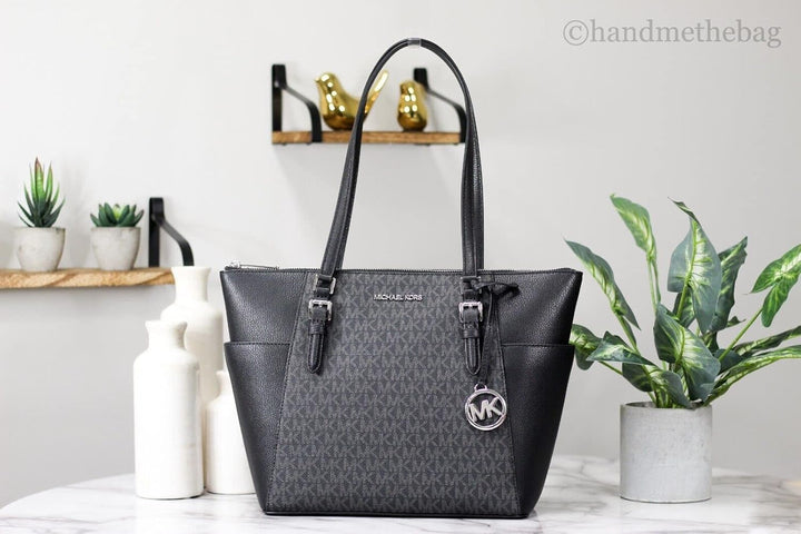 Michael Kors Charlotte Grosse Tragetasche mit Reissverschluss oben Black Sig, Black Sig