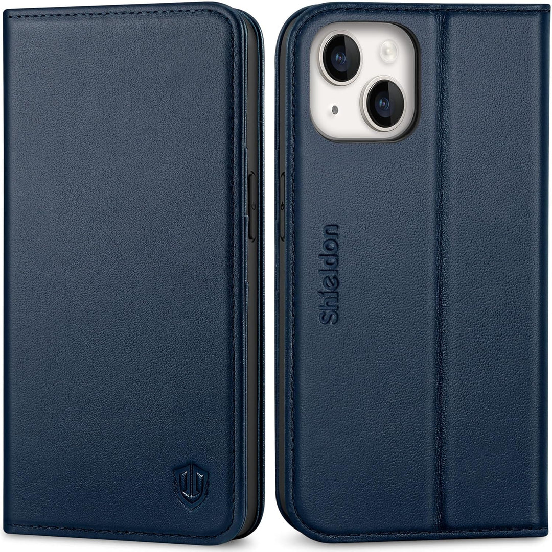 SHIELDON Hülle für iPhone 14 5G, Stossfeste Schuzhülle [Echtleder] [Kartenfach] [Verdicht TPU], Magn
