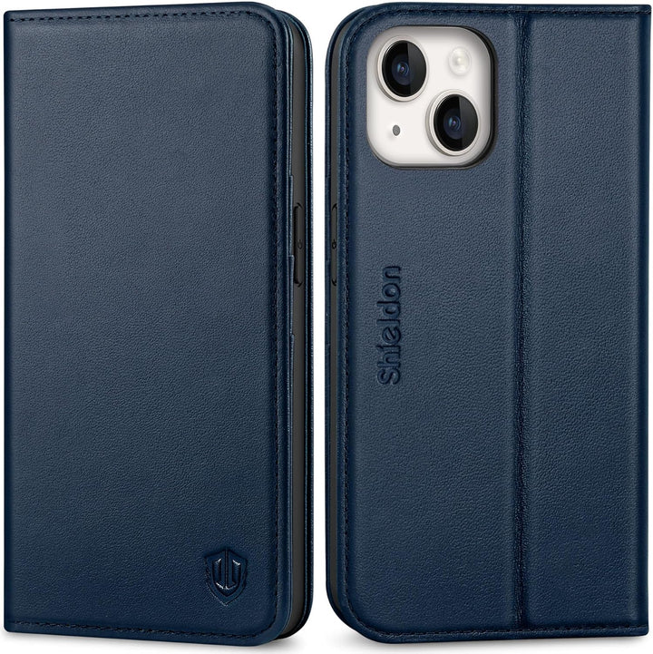 SHIELDON Hülle für iPhone 14 5G, Stossfeste Schuzhülle [Echtleder] [Kartenfach] [Verdicht TPU], Magn